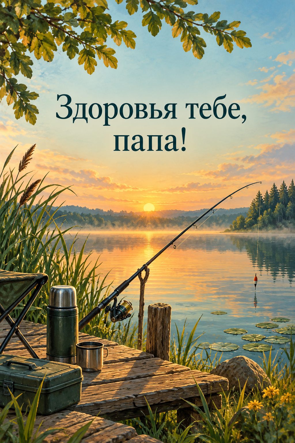 Открытка папе с днём рождения от дочери: удочка у спокойного озера на рассвете и термос, надпись «Здоровья тебе, папа!»