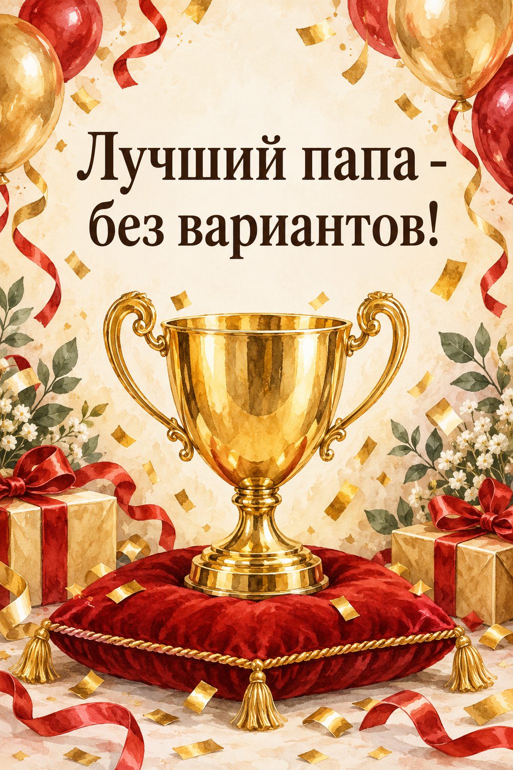 Открытка папе с днём рождения от дочери: золотой кубок на красной подушке и конфетти, надпись «Лучший папа - без вариантов!»
