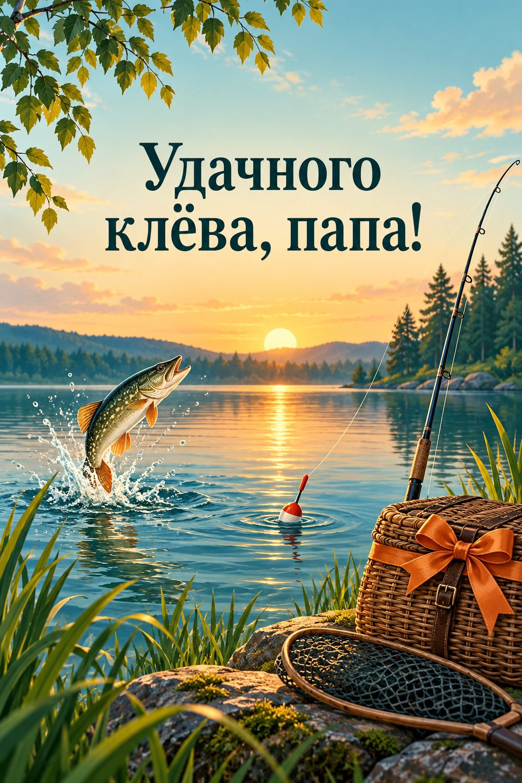 Открытка папе с днём рождения от дочери: поплавок на воде, прыгающая рыба и бант на корзине, надпись «Удачного клёва, папа!»