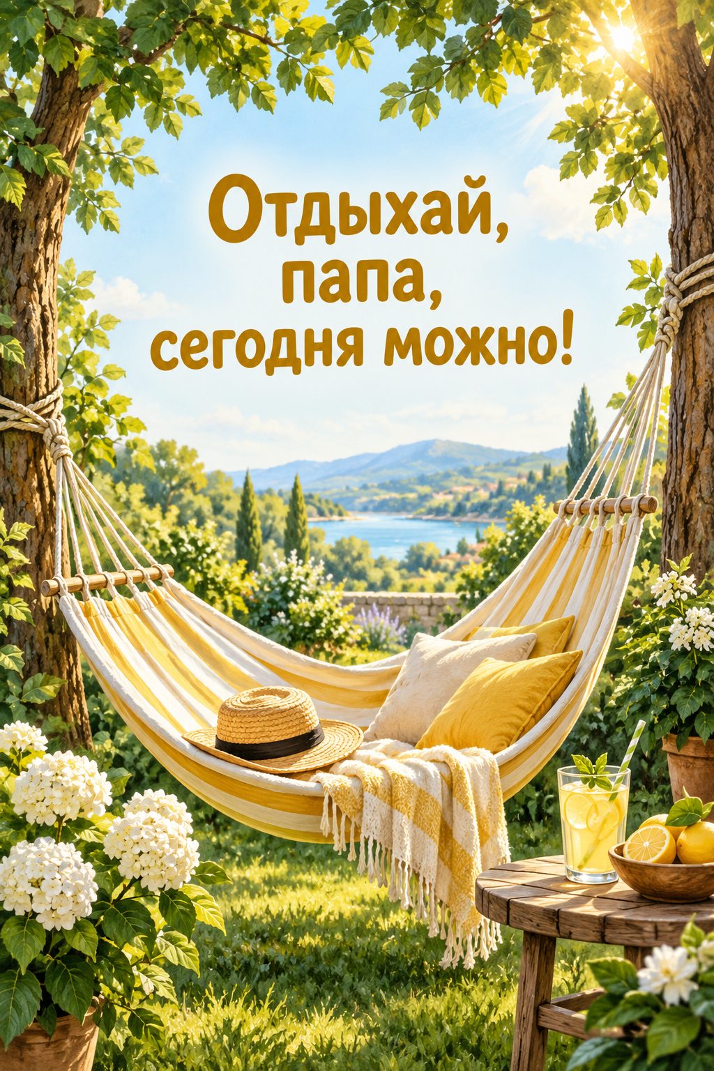 Открытка папе с днём рождения от дочери: гамак между деревьями в солнечном саду и лимонад, надпись «Отдыхай, папа, сегодня можно!»