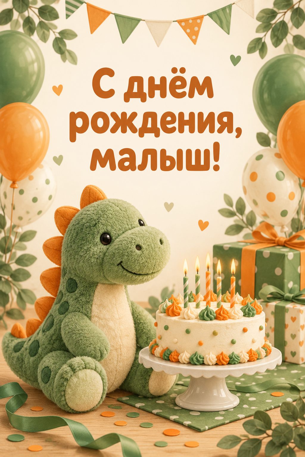 Открытка с днём рождения брату: плюшевый динозавр с шарами и тортом, надпись «С днём рождения, малыш!»