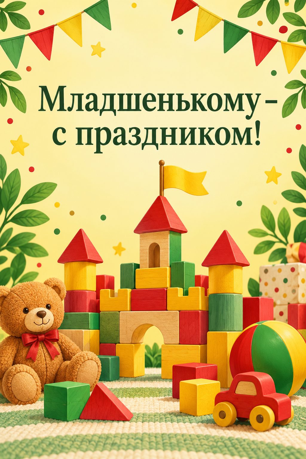 Открытка с днём рождения брату: замок из кубиков с флажком, надпись «Младшенькому - с праздником!»