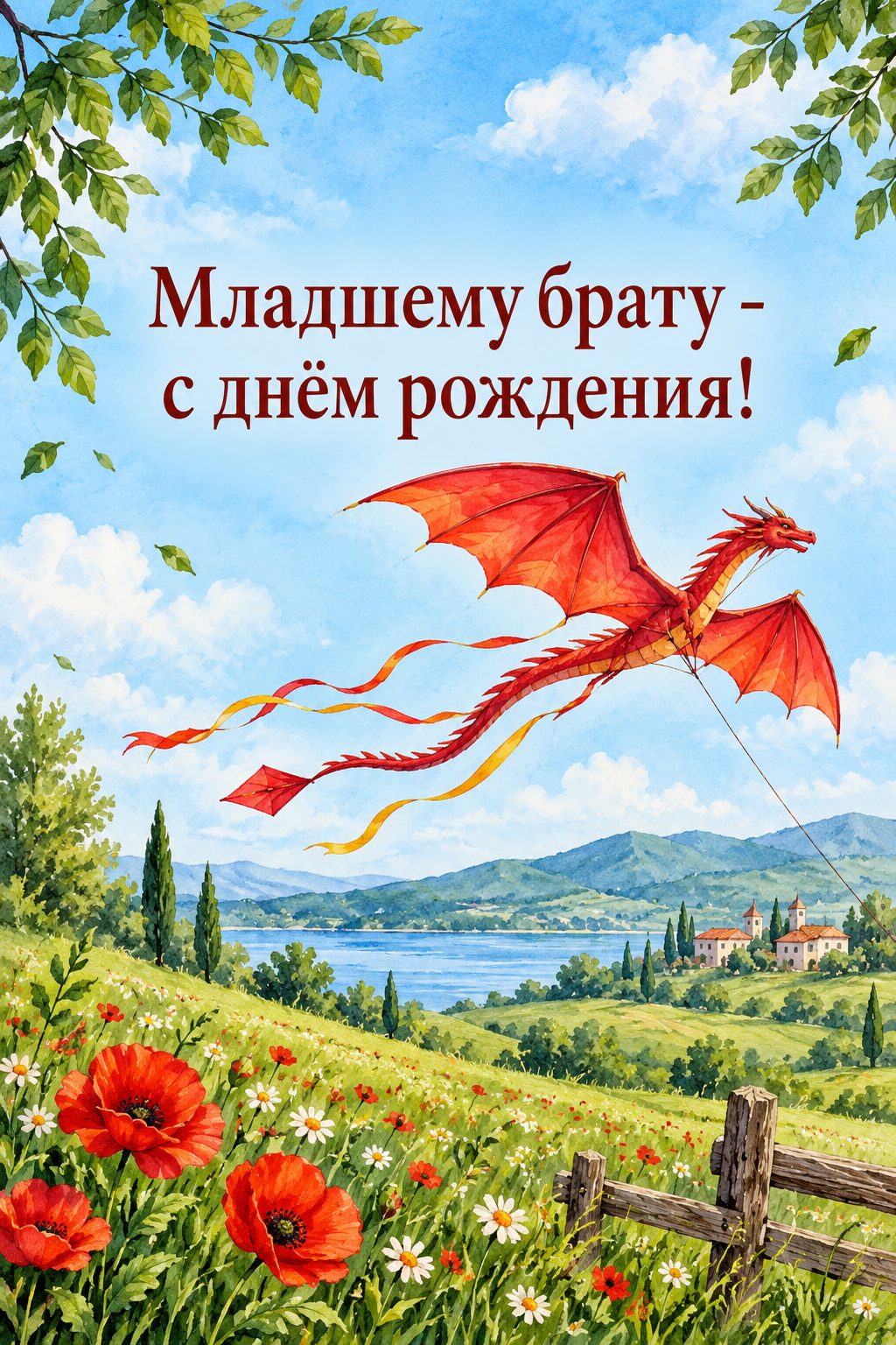 Открытка с днём рождения брату: воздушный змей-дракон над зелёным лугом, надпись «Младшему брату - с днём рождения!»