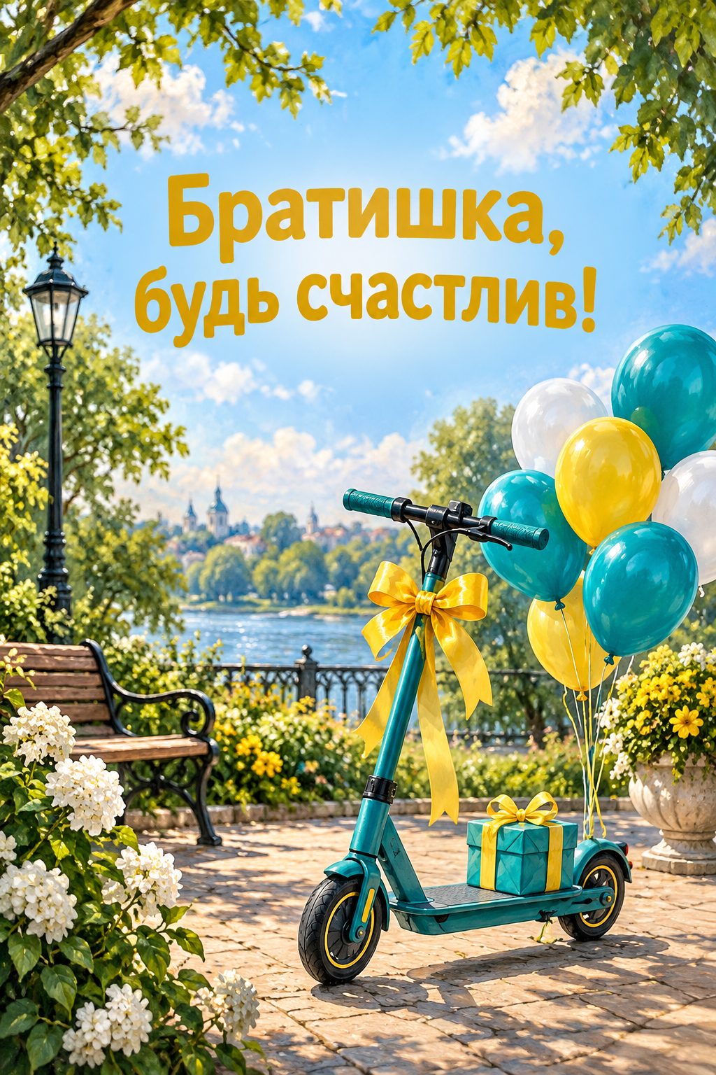 Открытка с днём рождения брату: самокат с бантом и шарами в солнечном парке, надпись «Братишка, будь счастлив!»