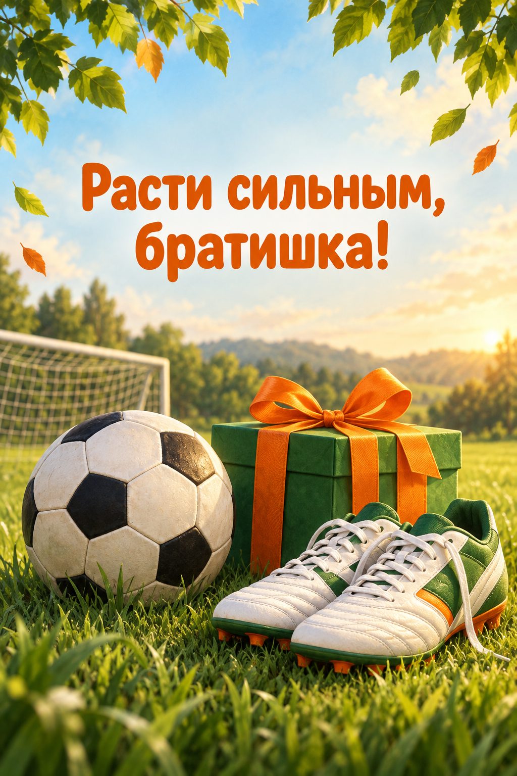 Открытка с днём рождения брату: футбольный мяч, кроссовки и подарок, надпись «Расти сильным, братишка!»