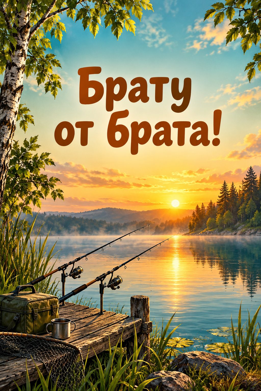 Открытка с днём рождения брату: две удочки у озера на рассвете, надпись «Брату от брата!»