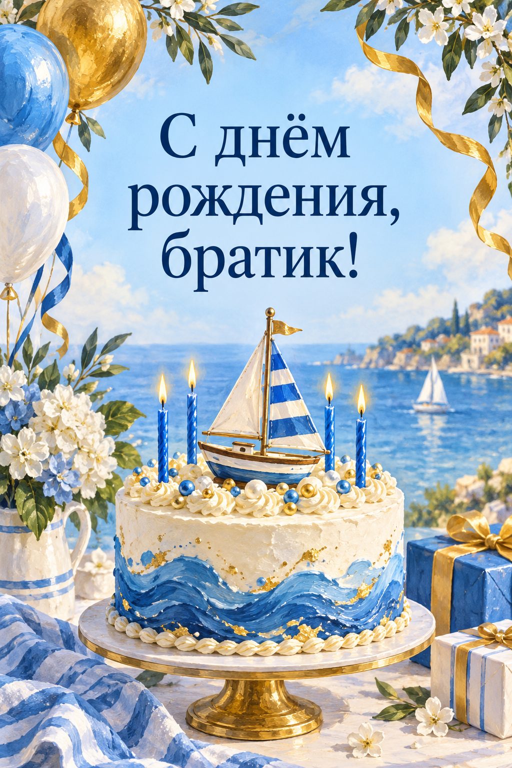Открытка с днём рождения брату: торт с синими свечами и игрушечным парусником, надпись «С днём рождения, братик!»