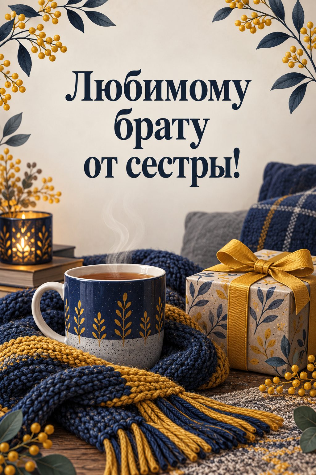 Открытка с днём рождения брату: вязаный шарф, кружка чая и подарок, надпись «Любимому брату от сестры!»