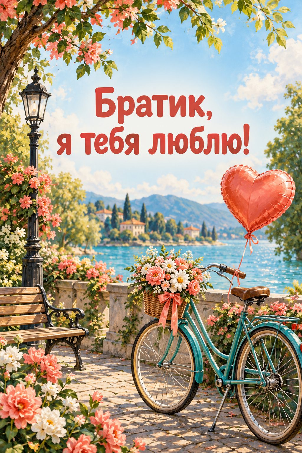 Открытка с днём рождения брату: шар-сердце, привязанный к велосипеду в парке, надпись «Братик, я тебя люблю!»