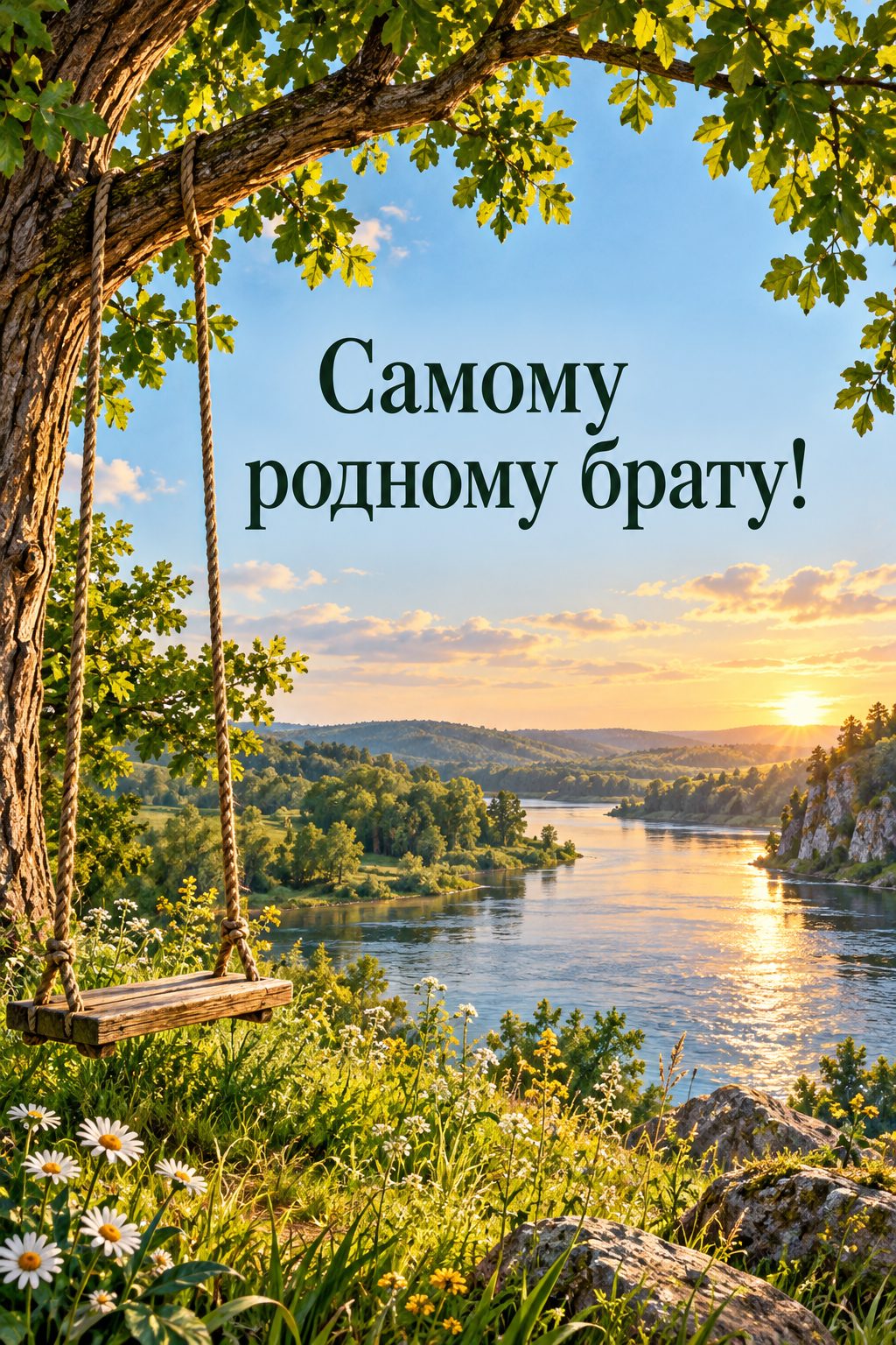 Открытка с днём рождения брату: старые качели на дереве у реки летом, надпись «Самому родному брату!»