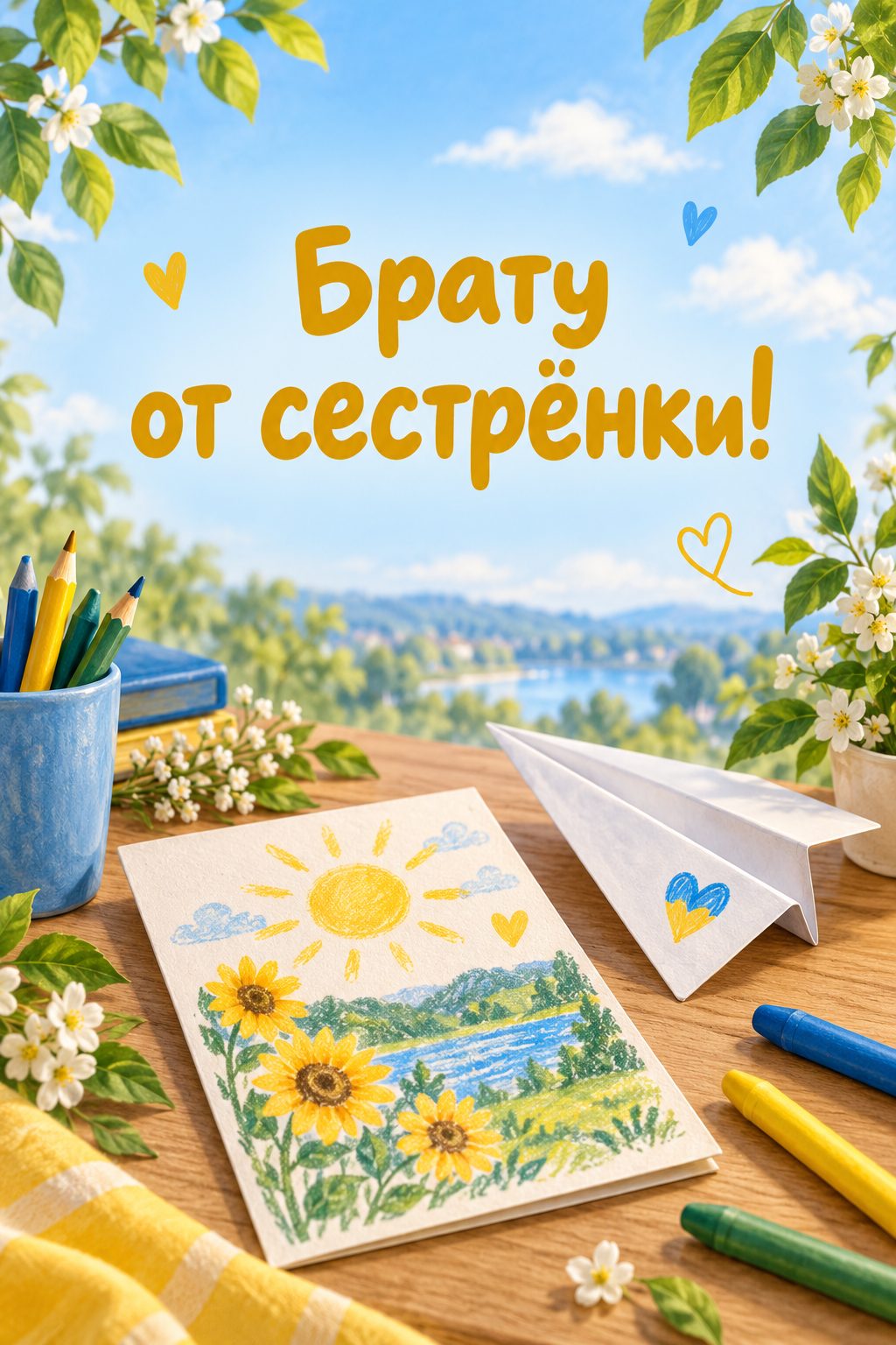 Открытка с днём рождения брату: бумажный самолётик и открытка на столе с мелками, надпись «Брату от сестрёнки!»