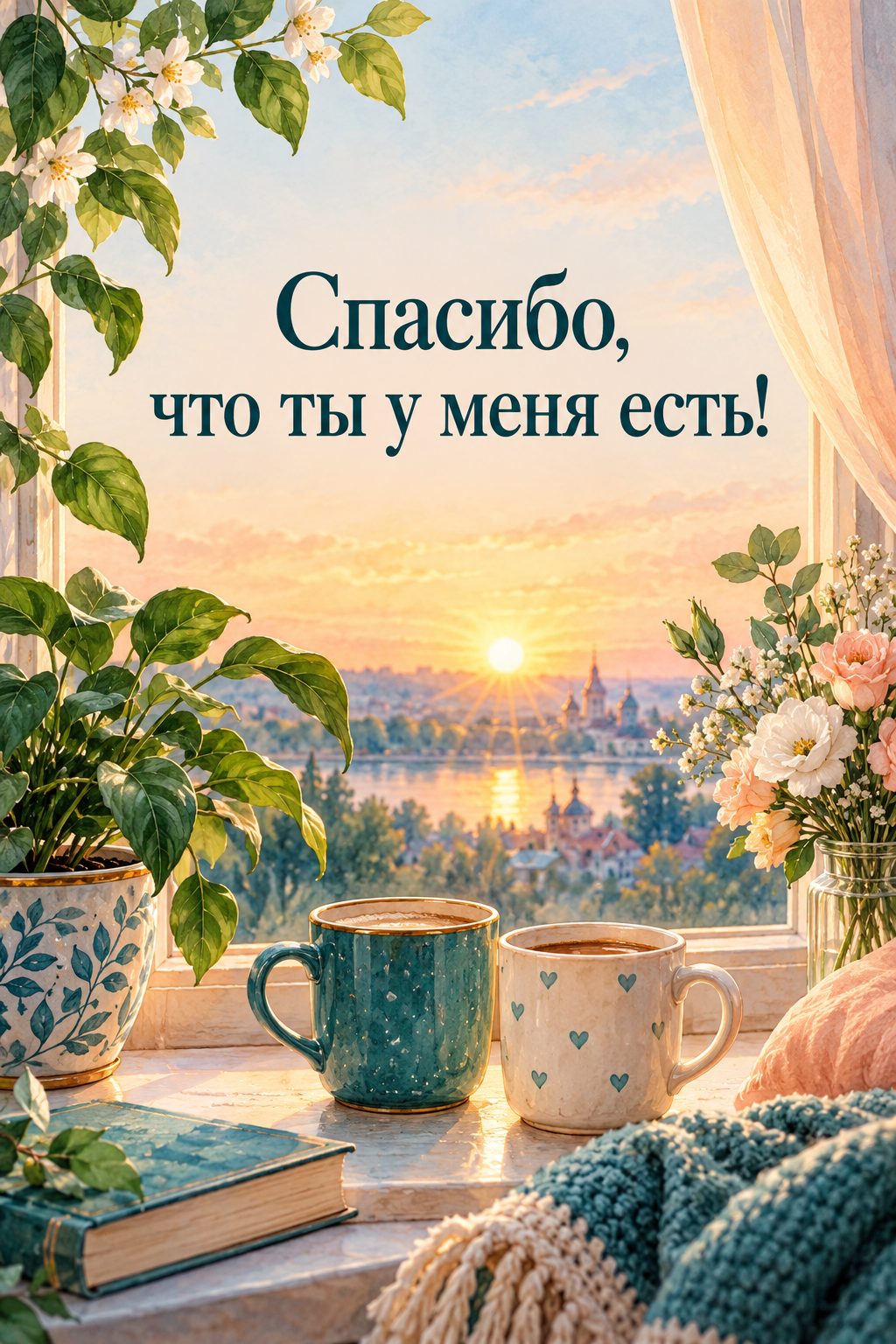 Открытка с днём рождения брату: две кружки на подоконнике на рассвете и растение, надпись «Спасибо, что ты у меня есть!»