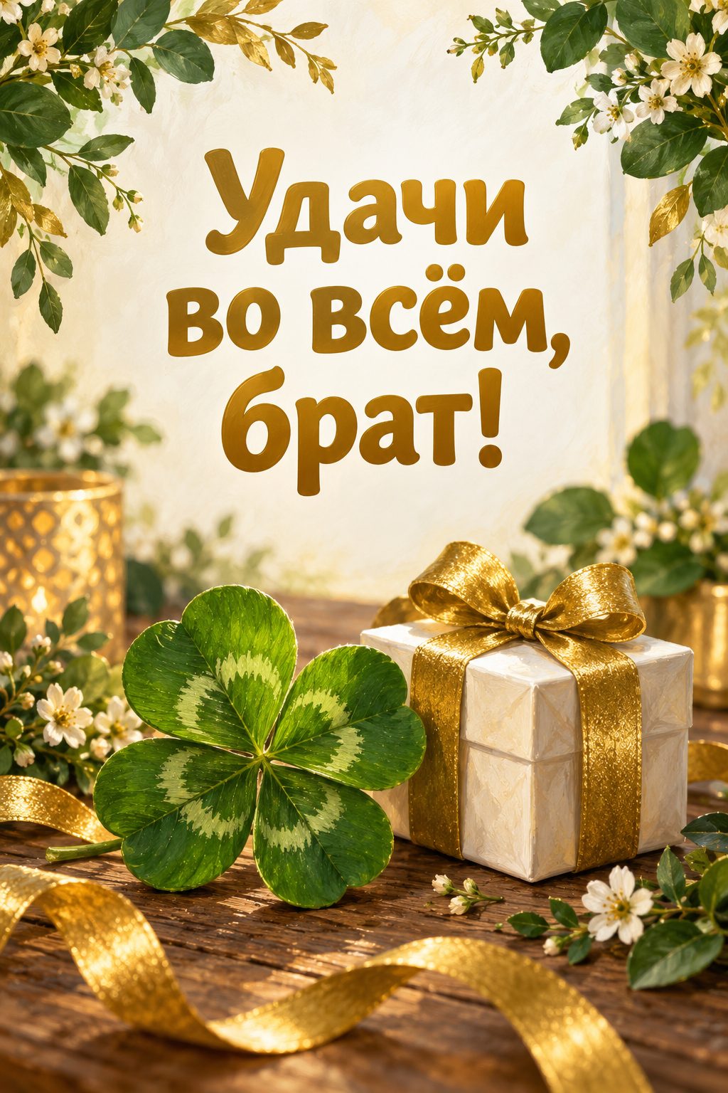 Открытка с днём рождения брату: четырёхлистный клевер и маленький подарок, надпись «Удачи во всём, брат!»