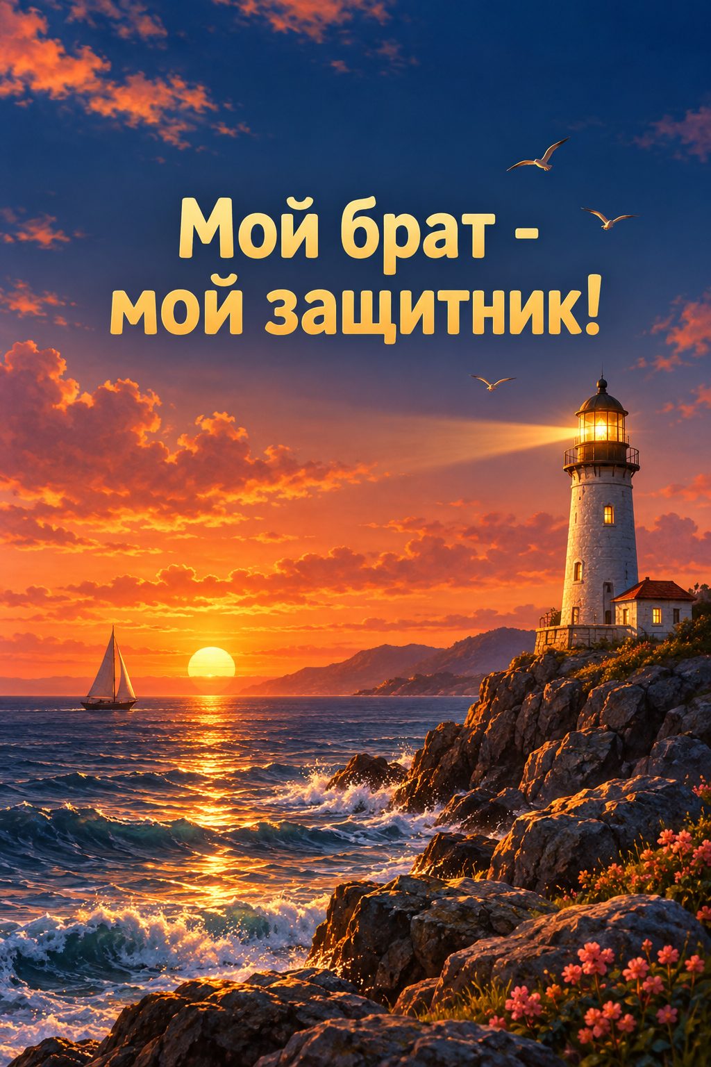 Открытка с днём рождения брату: маяк на скалистом берегу на закате, надпись «Мой брат - мой защитник!»
