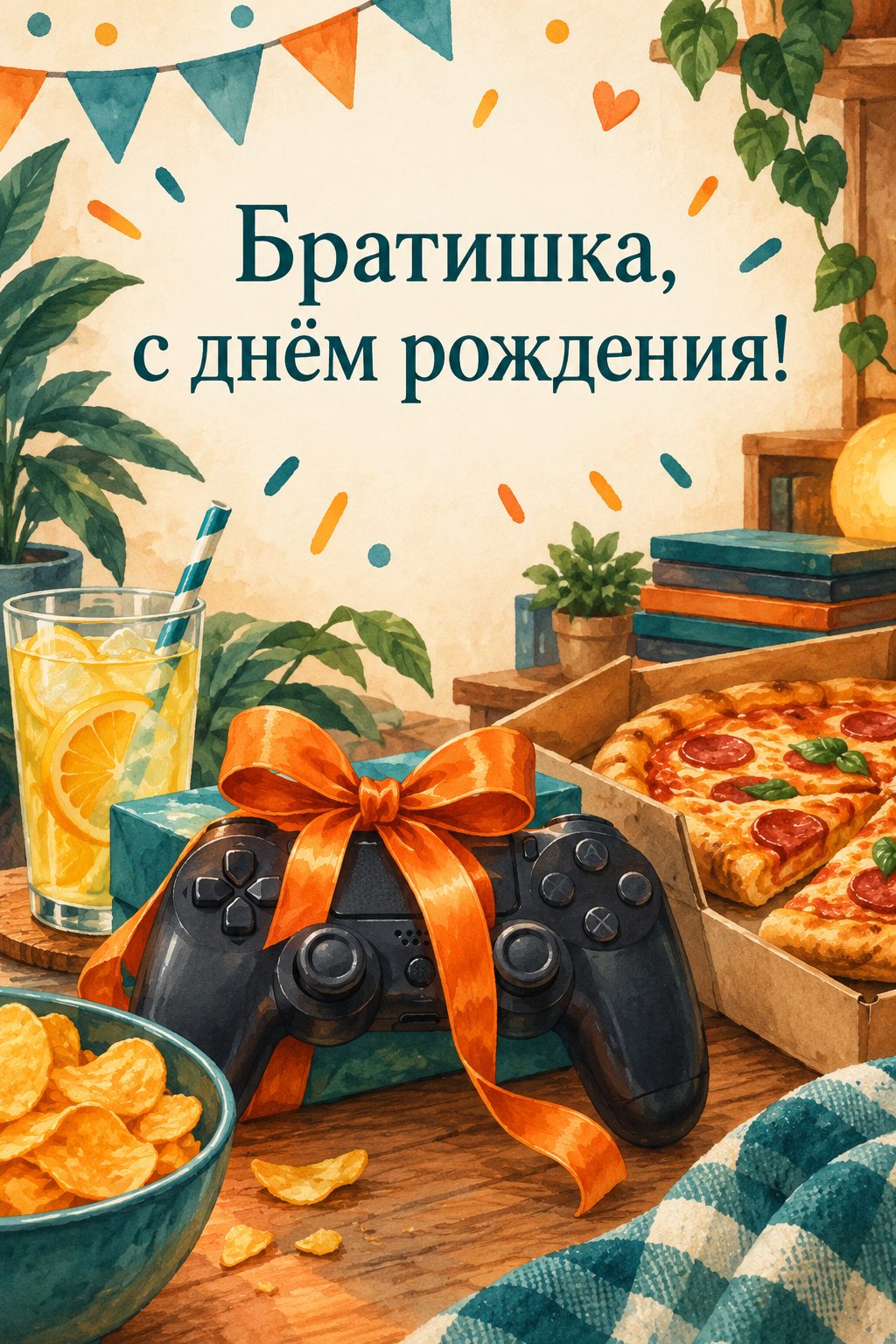 Открытка с днём рождения брату: игровой джойстик с бантом рядом с пиццей и лимонадом, надпись «Братишка, с днём рождения!»