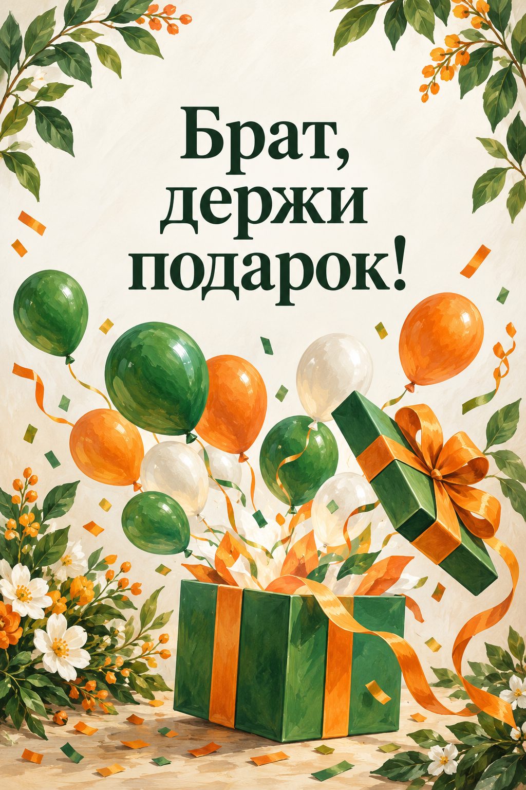 Открытка с днём рождения брату: коробка с подарком, из которой вылетают шары, надпись «Брат, держи подарок!»