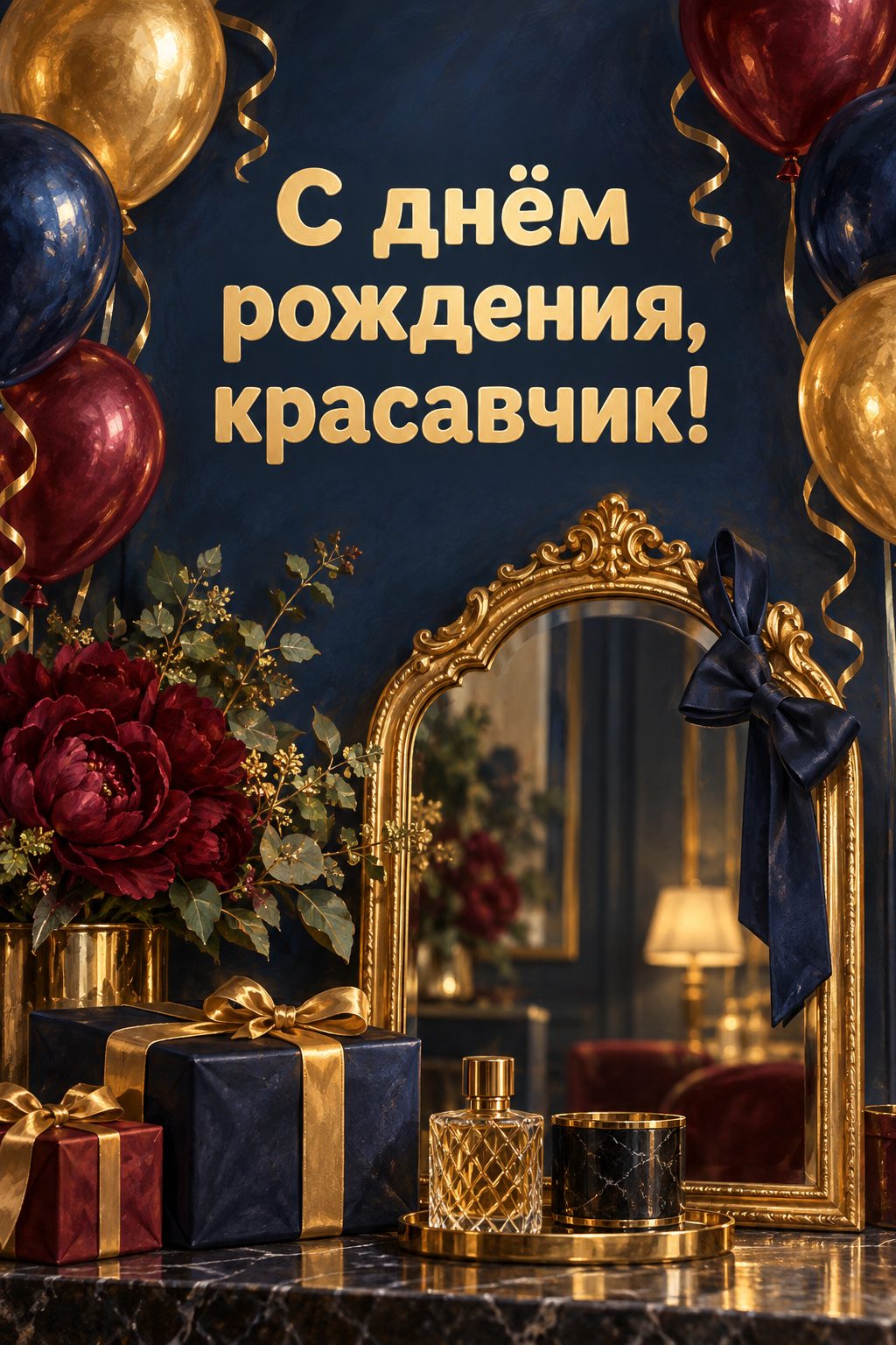 Открытка с днём рождения брату: зеркало в золотой раме с шарами и галстук-бабочка, надпись «С днём рождения, красавчик!»