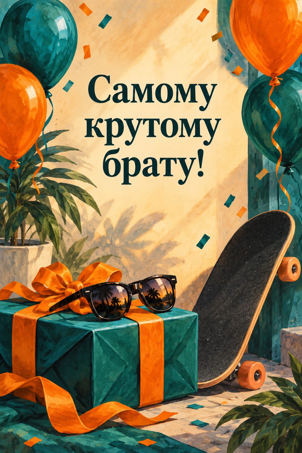 Открытка с днём рождения брату: солнечные очки на подарке, скейтборд и шары, надпись «Самому крутому брату!»