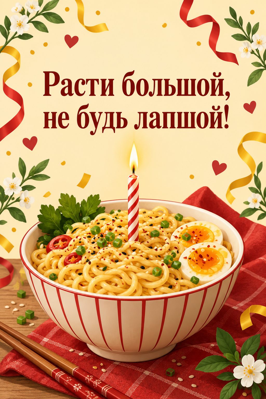 Открытка с днём рождения брату: тарелка лапши со свечкой посередине, надпись «Расти большой, не будь лапшой!»