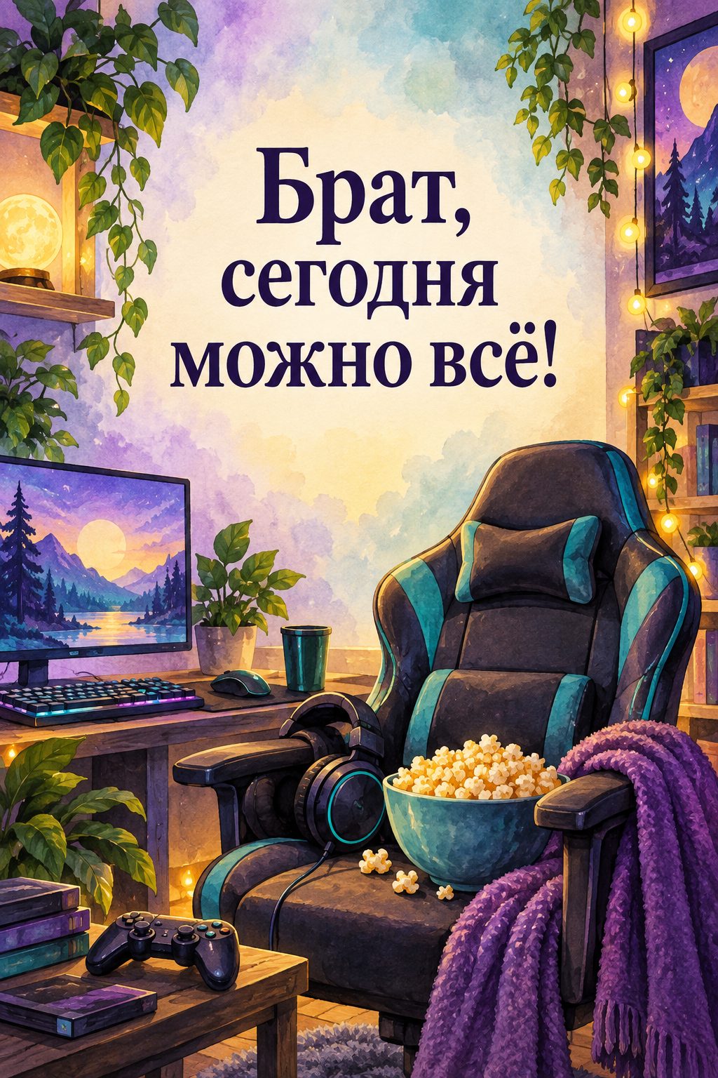 Открытка с днём рождения брату: игровое кресло с наушниками и миской попкорна, надпись «Брат, сегодня можно всё!»