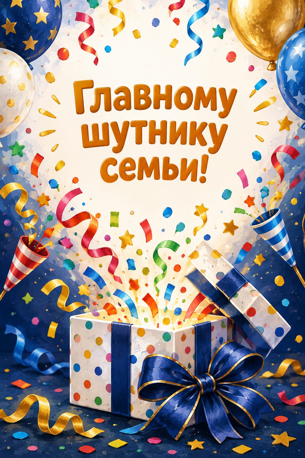 Открытка с днём рождения брату: хлопушки и серпантин с конфетти над подарком, надпись «Главному шутнику семьи!»