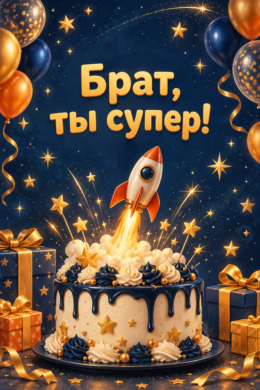 Открытка с днём рождения брату: игрушечная ракета взлетает с торта, надпись «Брат, ты супер!»