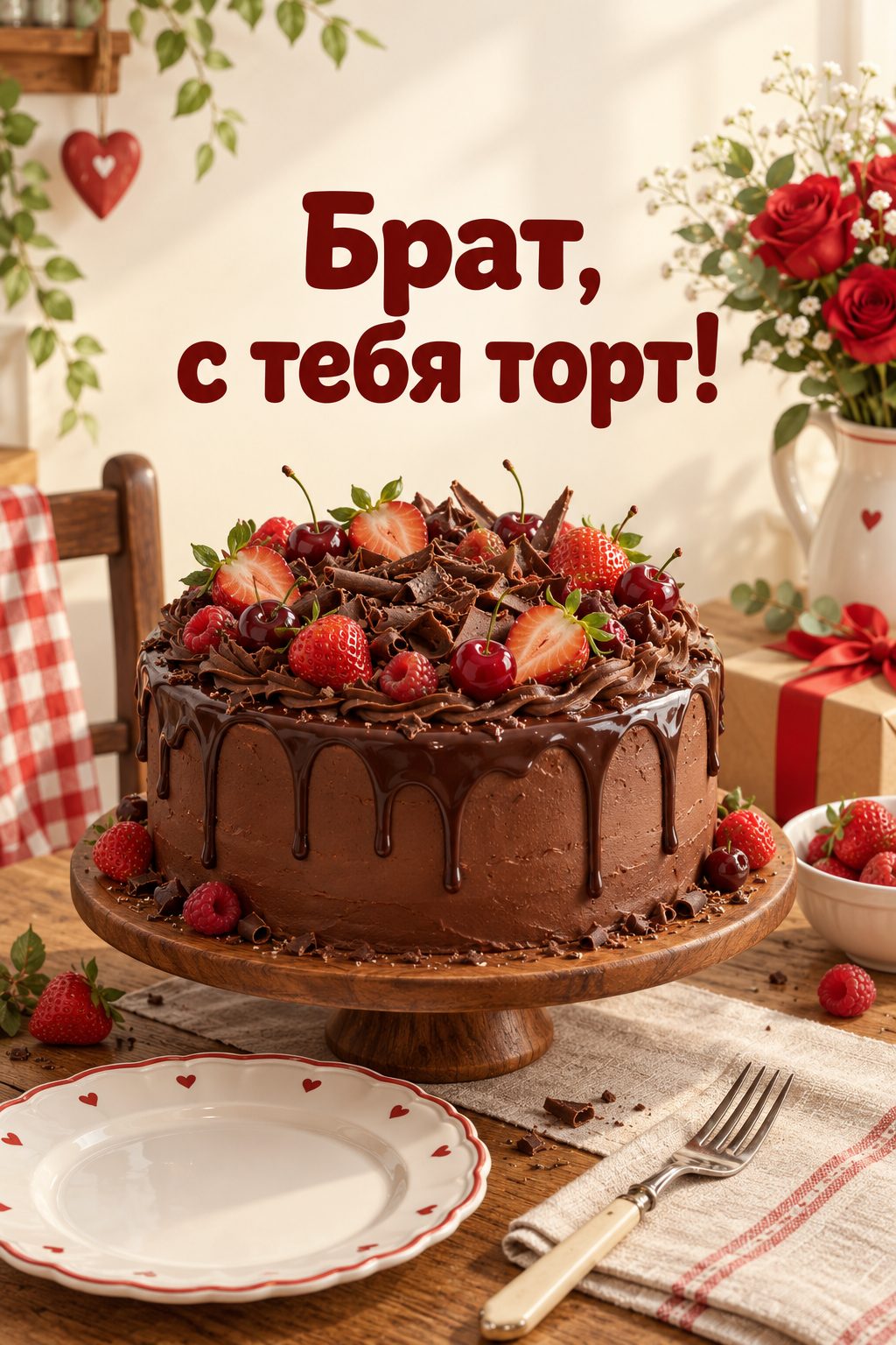 Открытка с днём рождения брату: огромный шоколадный торт, пустая тарелка и вилка, надпись «Брат, с тебя торт!»