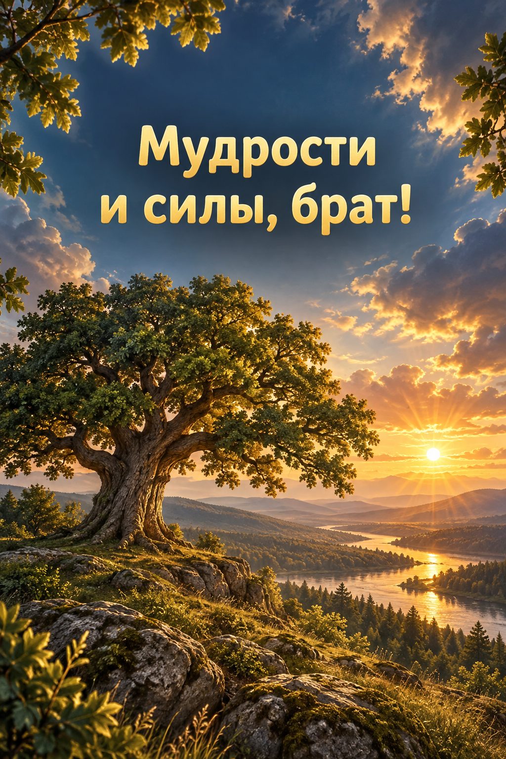 Открытка с днём рождения брату: старый дуб на холме под грозовым небом, надпись «Мудрости и силы, брат!»