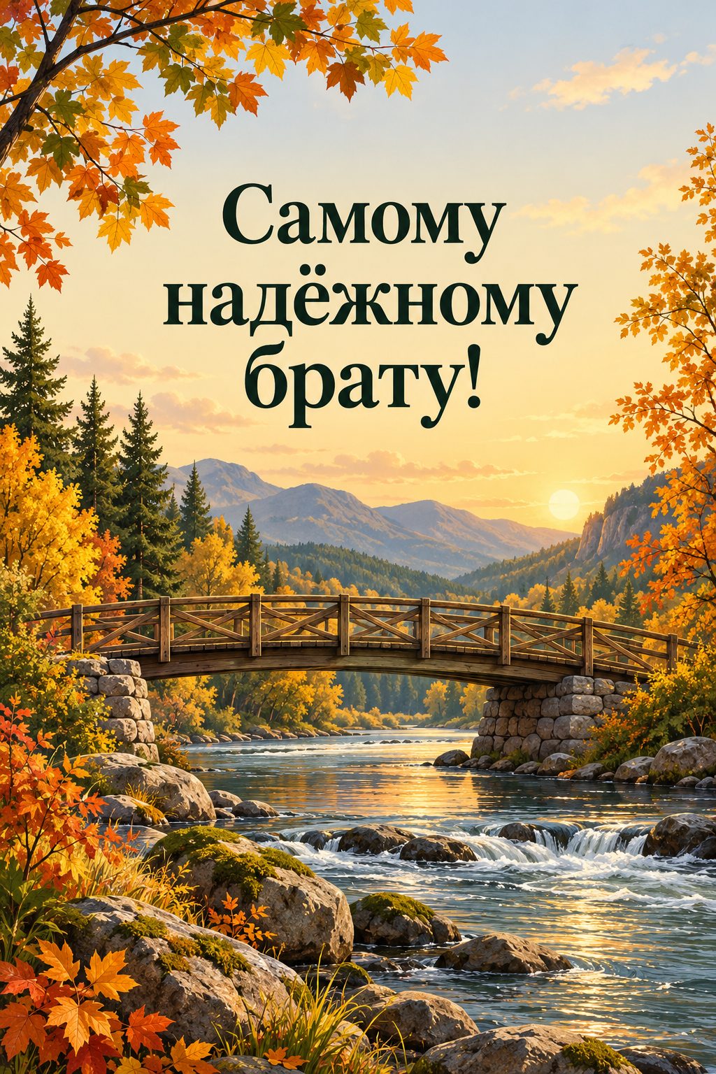 Открытка с днём рождения брату: деревянный мост через реку ранней осенью, надпись «Самому надёжному брату!»