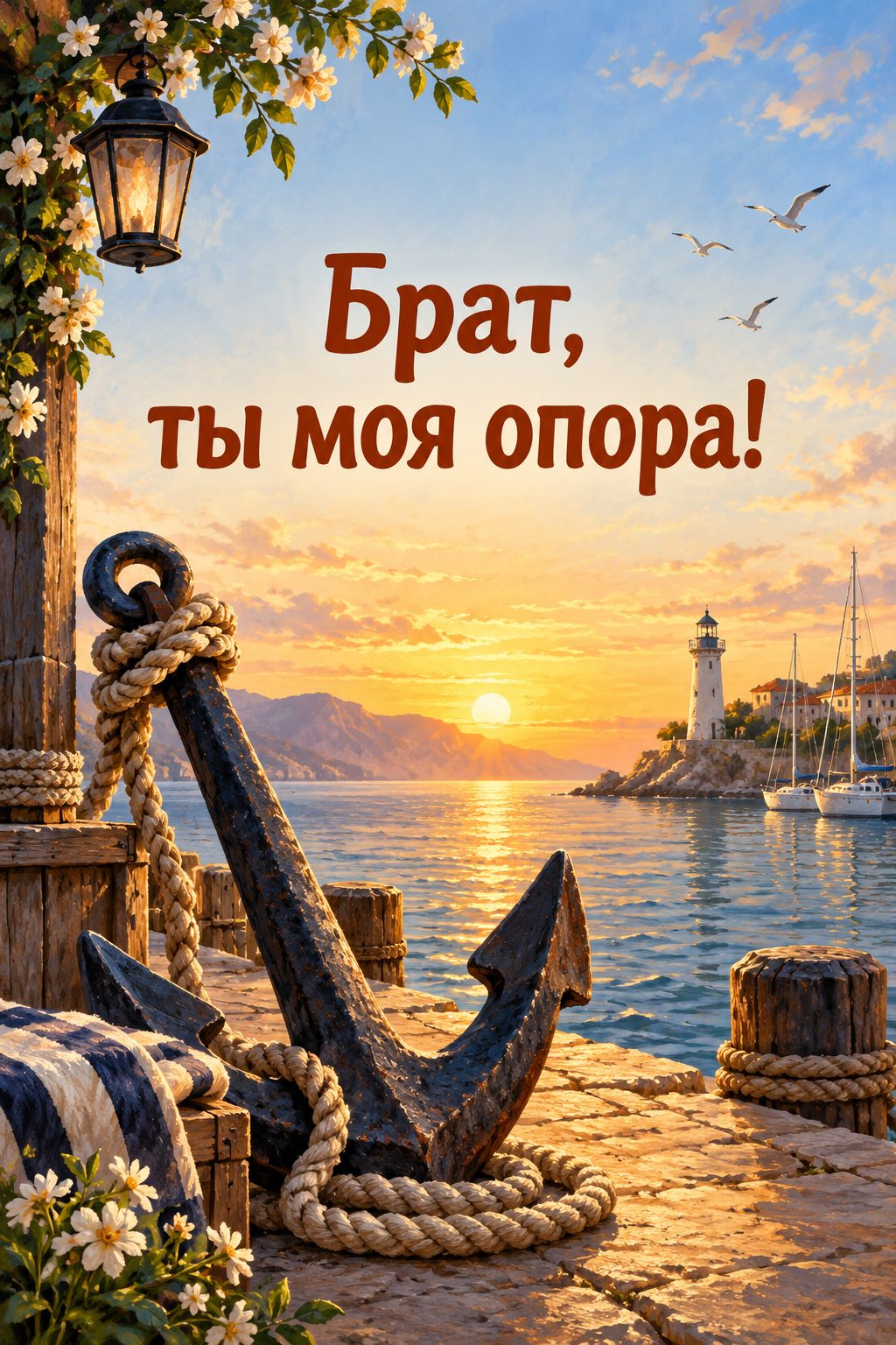 Открытка с днём рождения брату: якорь с канатом на причале на рассвете, надпись «Брат, ты моя опора!»
