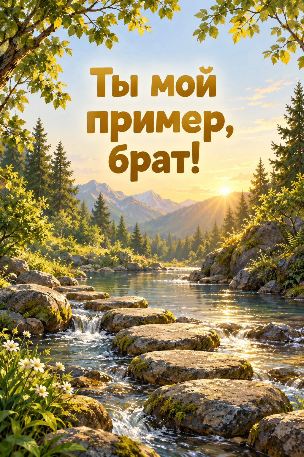 Открытка с днём рождения брату: камни-переходы через лесной ручей, надпись «Ты мой пример, брат!»
