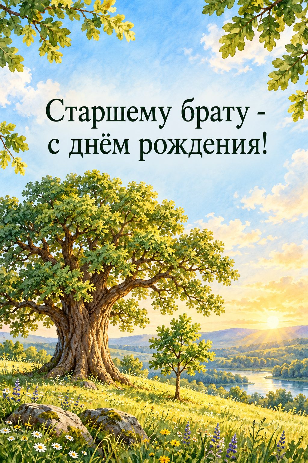 Открытка с днём рождения брату: большой дуб и молодое деревце на солнечном лугу, надпись «Старшему брату - с днём рождения!»