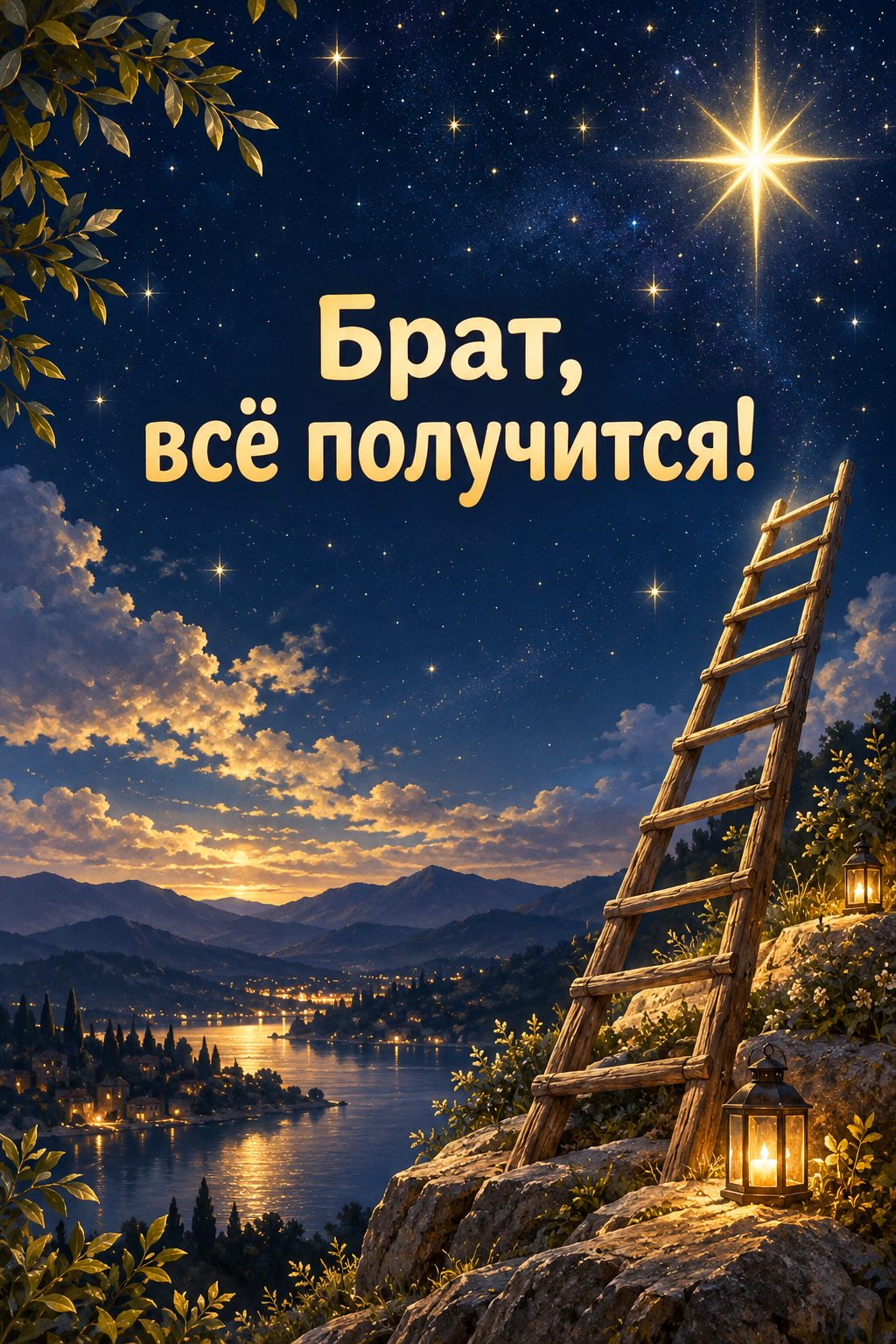 Открытка с днём рождения брату: деревянная лестница к яркой звезде в ночном небе, надпись «Брат, всё получится!»