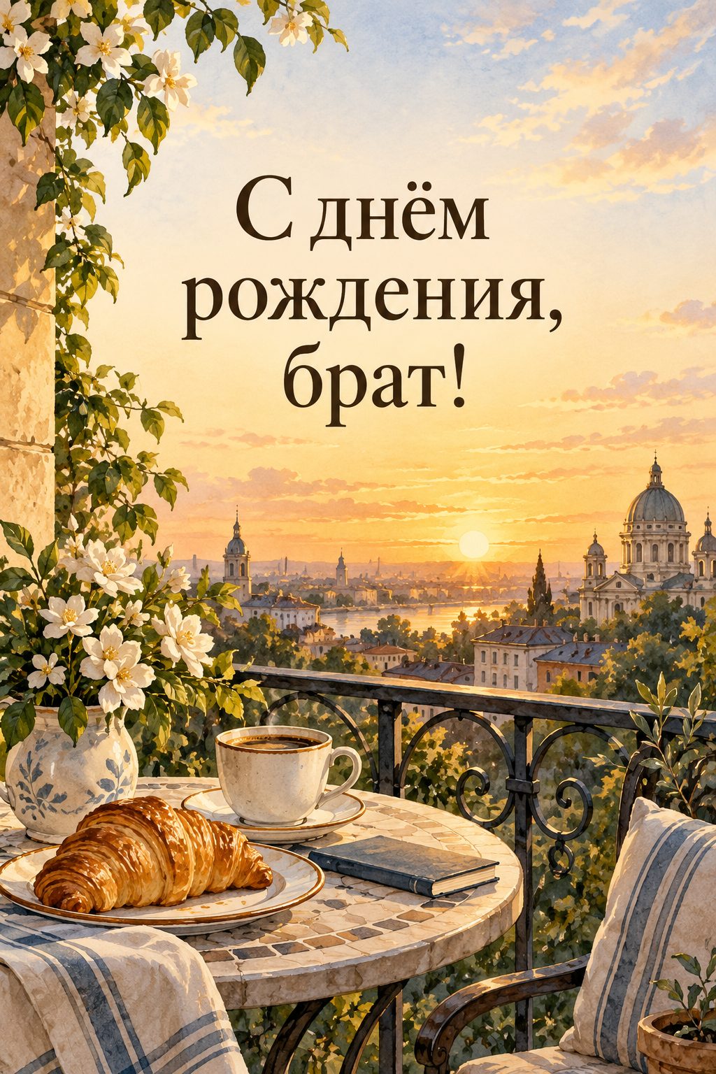 Открытка с днём рождения брату: кофе и круассан на балконе с видом на город на рассвете, надпись «С днём рождения, брат!»