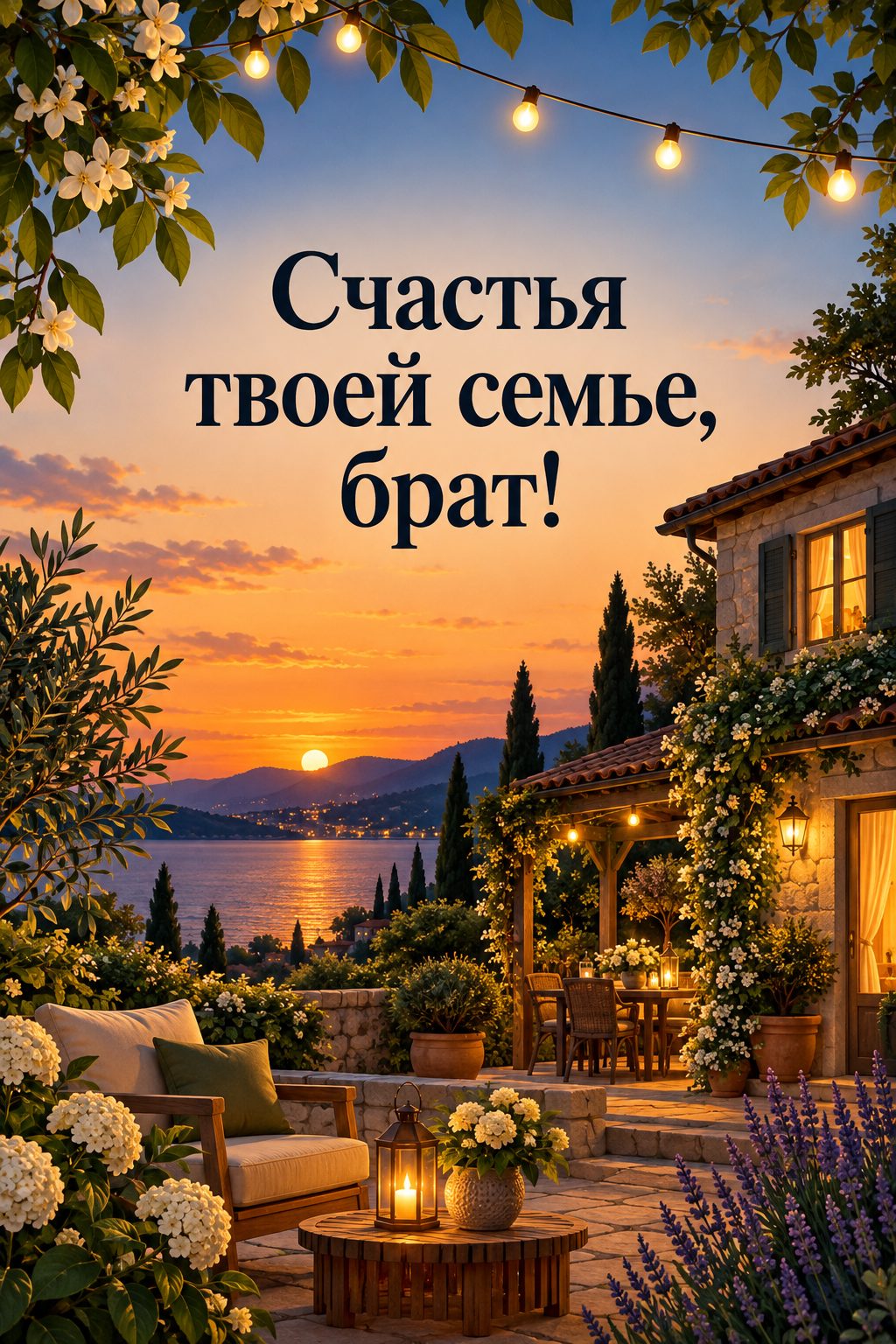 Открытка с днём рождения брату: уютный дом с огнями в окнах летним вечером, надпись «Счастья твоей семье, брат!»