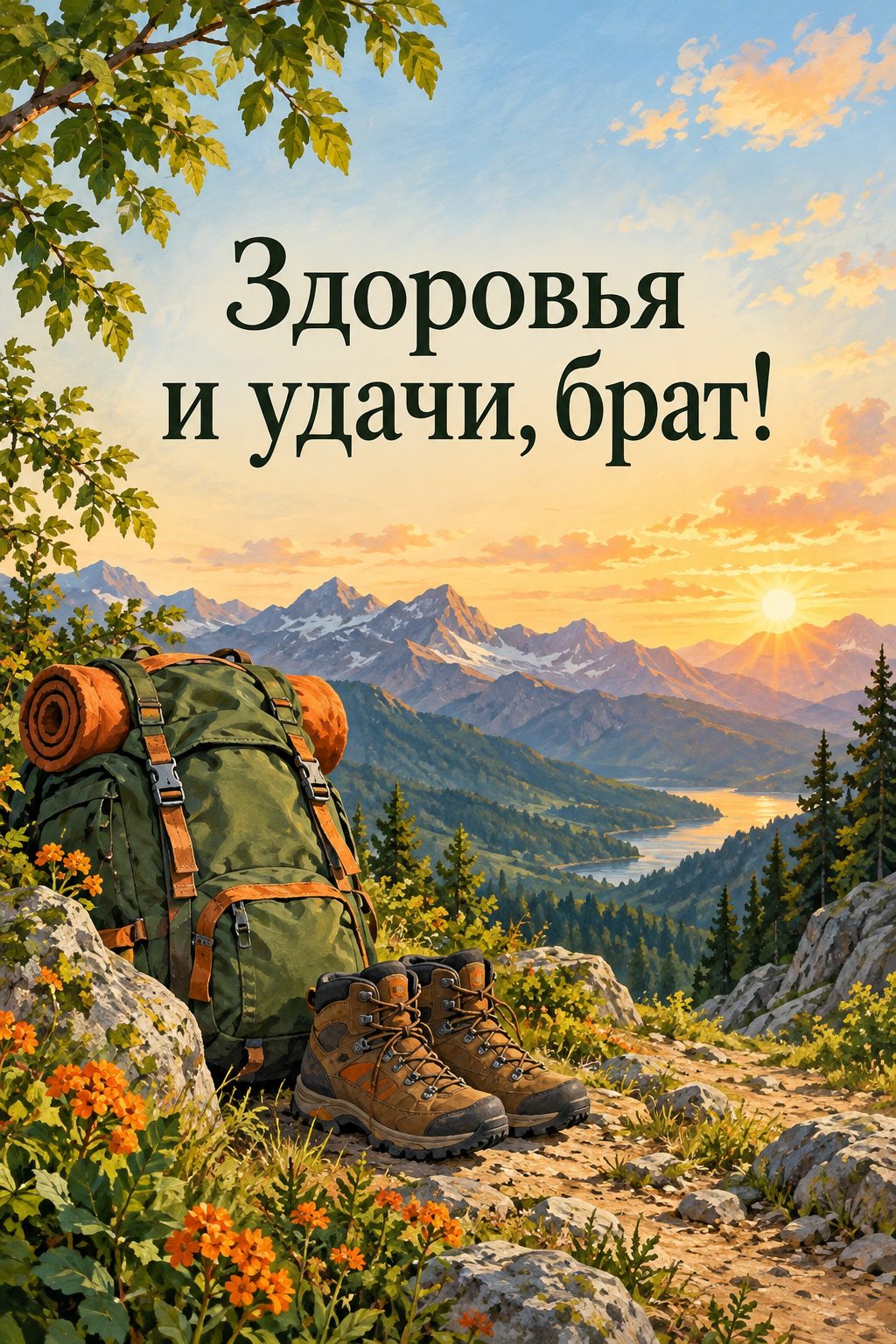 Открытка с днём рождения брату: туристический рюкзак и ботинки на горной тропе, надпись «Здоровья и удачи, брат!»