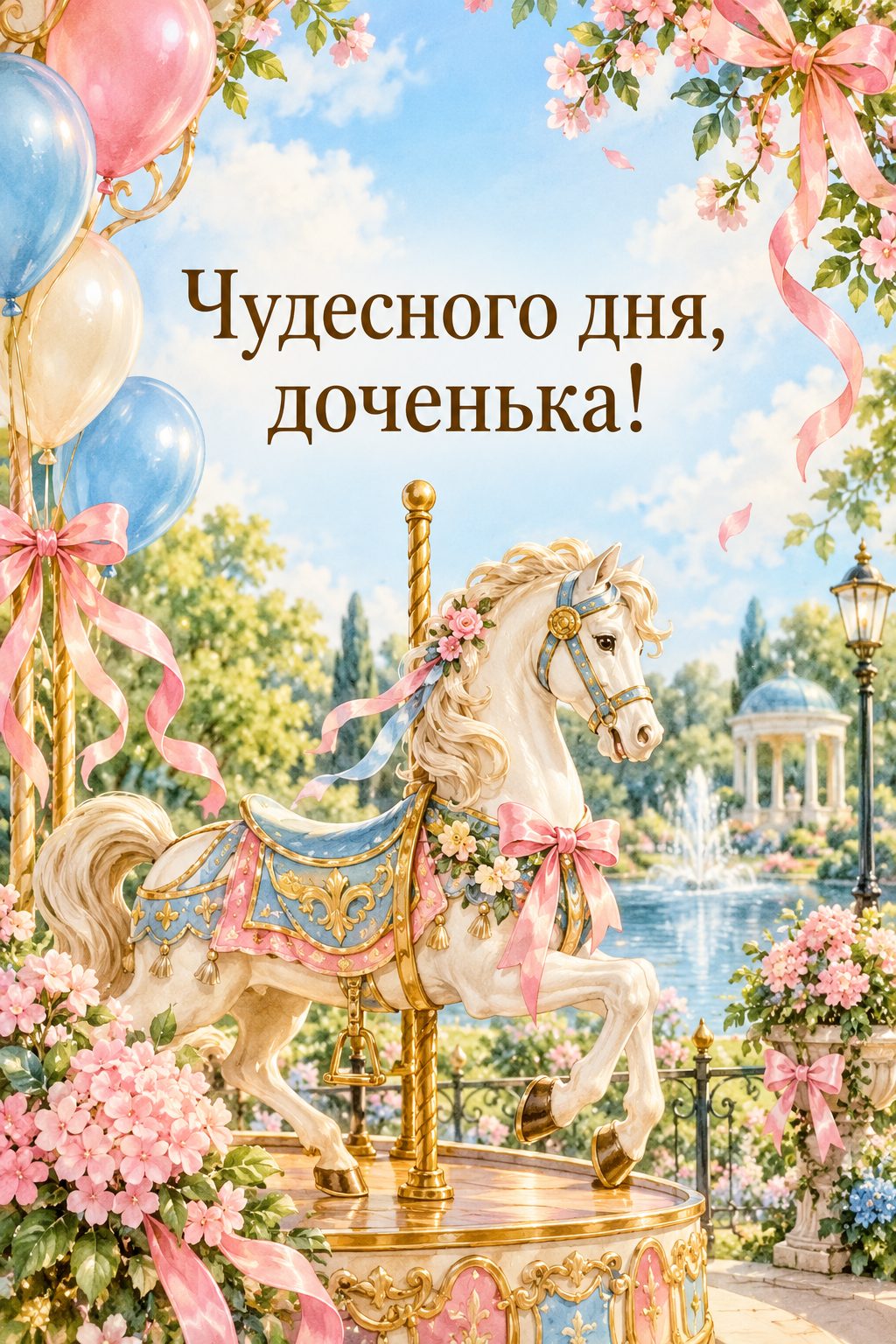 Открытка с днём рождения дочери: карусельная лошадка с лентами и шарами в парке, надпись «Чудесного дня, доченька!»