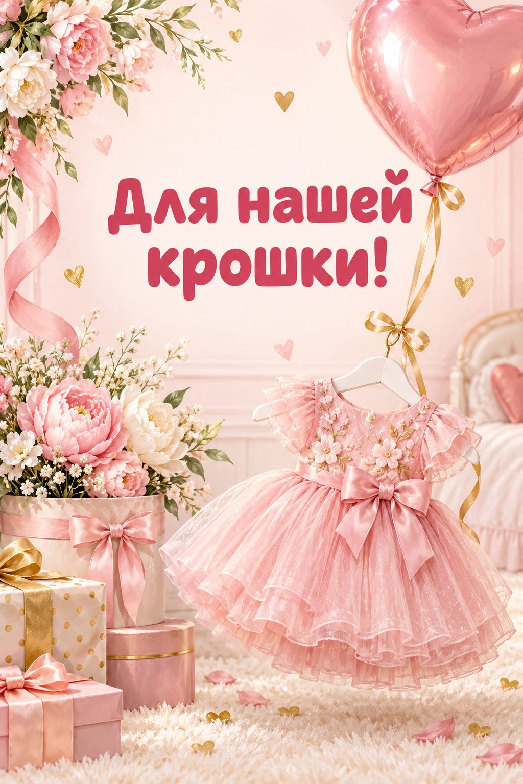 Открытка с днём рождения дочери: маленькое розовое платье на вешалке с шариком, надпись «Для нашей крошки!»