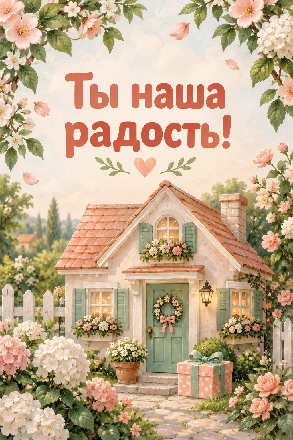 Открытка с днём рождения дочери: кукольный домик с цветами в окнах и подарок, надпись «Ты наша радость!»