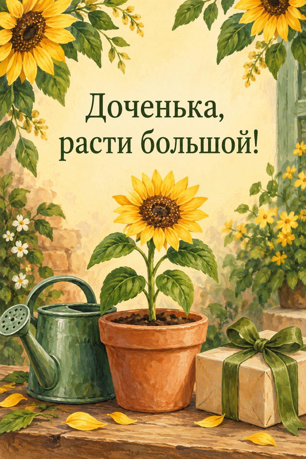 Открытка с днём рождения дочери: подсолнух в горшке, лейка и подарок, надпись «Доченька, расти большой!»