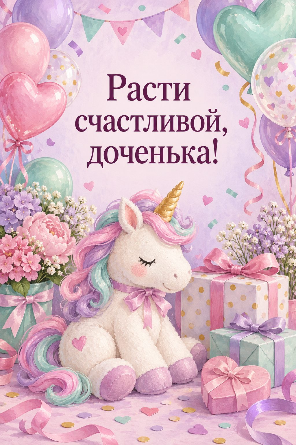 Открытка с днём рождения дочери: плюшевый единорог среди шаров и конфетти, надпись «Расти счастливой, доченька!»
