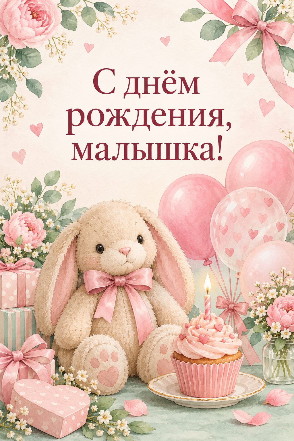 Открытка с днём рождения дочери: плюшевый зайчик с розовыми шарами и капкейк, надпись «С днём рождения, малышка!»