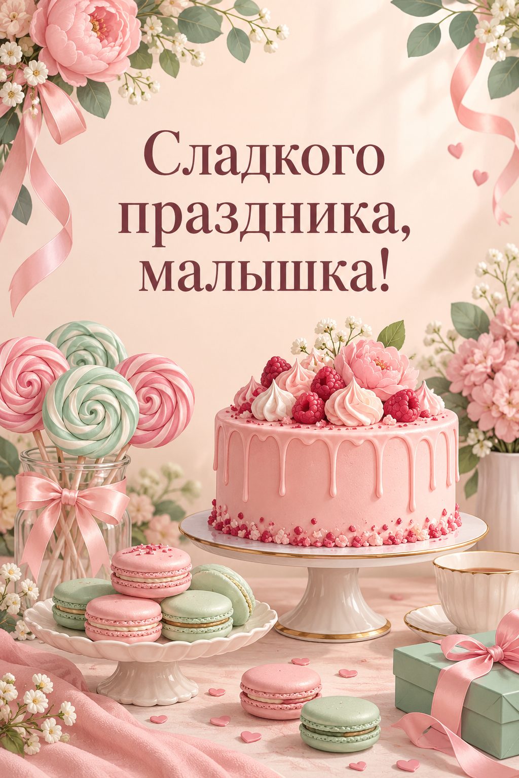 Открытка с днём рождения дочери: макаруны, розовый торт и леденцы, надпись «Сладкого праздника, малышка!»