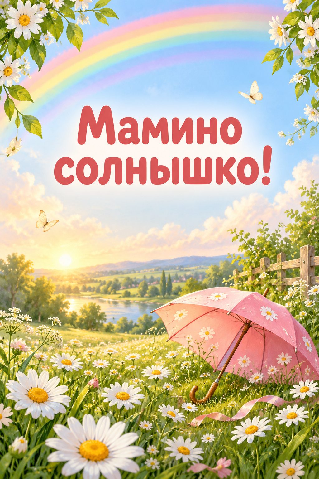 Открытка с днём рождения дочери: пастельная радуга над лугом с ромашками, надпись «Мамино солнышко!»