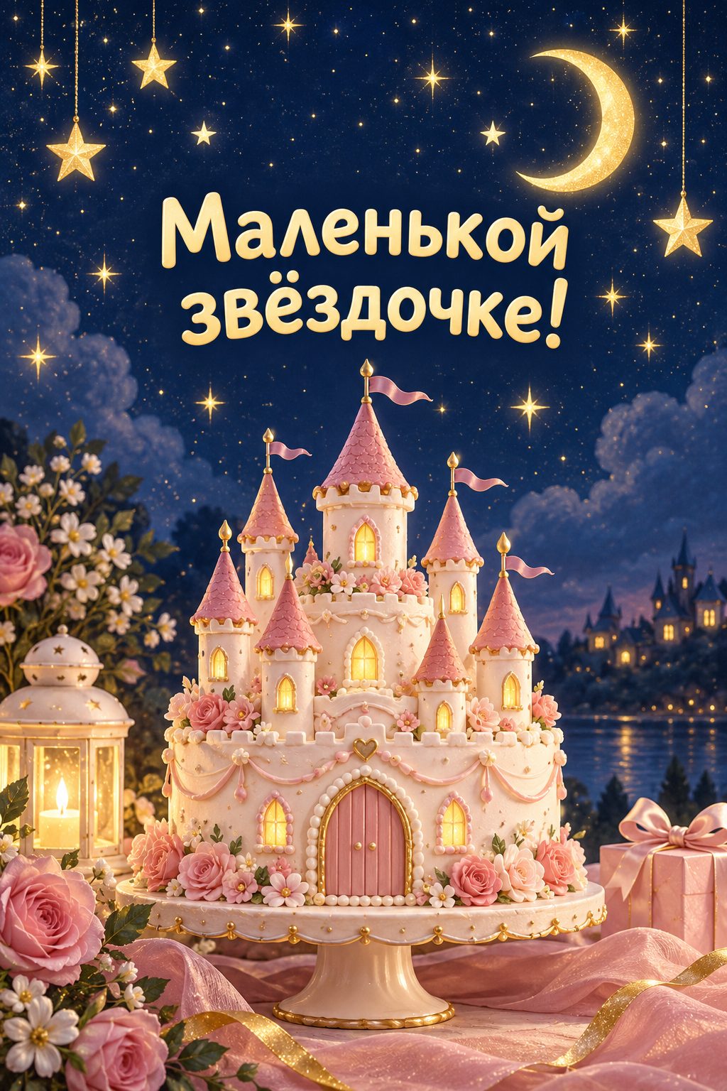 Открытка с днём рождения дочери: звёздное небо над тортом-замком, надпись «Маленькой звёздочке!»