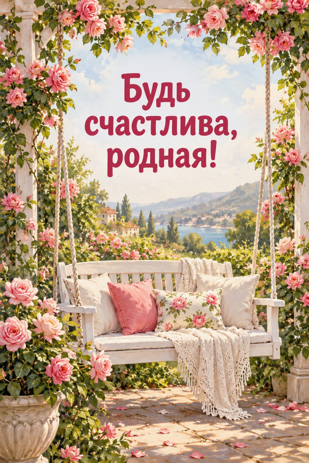 Открытка с днём рождения дочери: белые садовые качели среди роз, надпись «Будь счастлива, родная!»