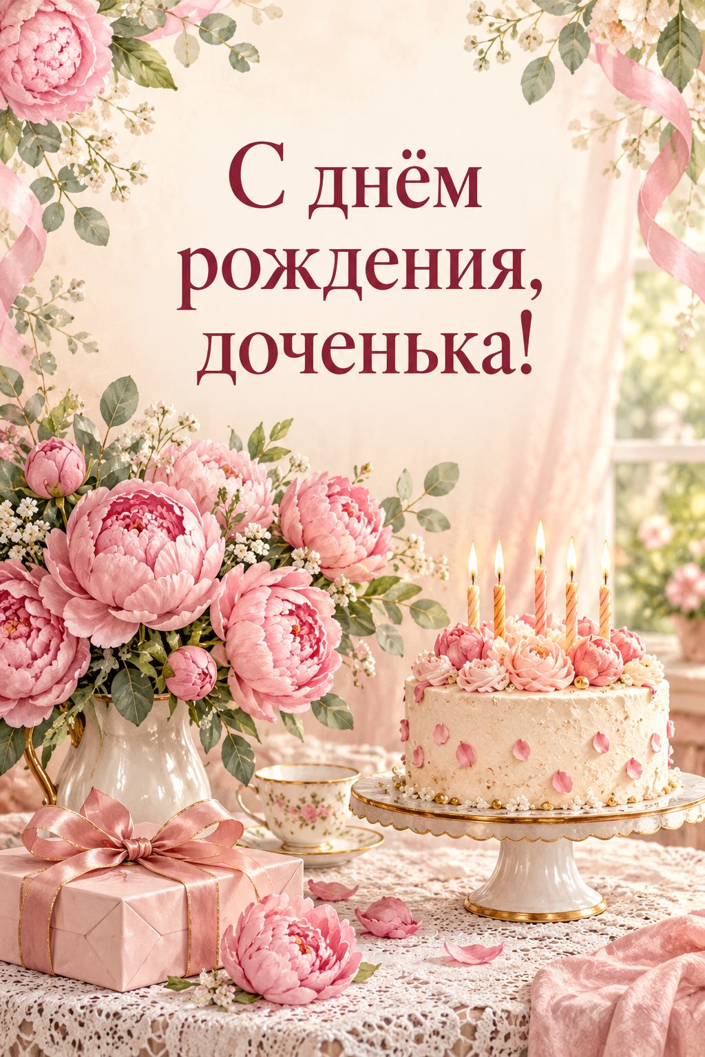Открытка с днём рождения дочери: букет розовых пионов и торт со свечами на кружевной скатерти, надпись «С днём рождения, доченька!»