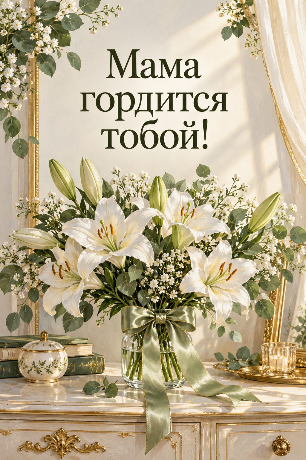 Открытка с днём рождения дочери: букет белых лилий на старинном комоде, надпись «Мама гордится тобой!»