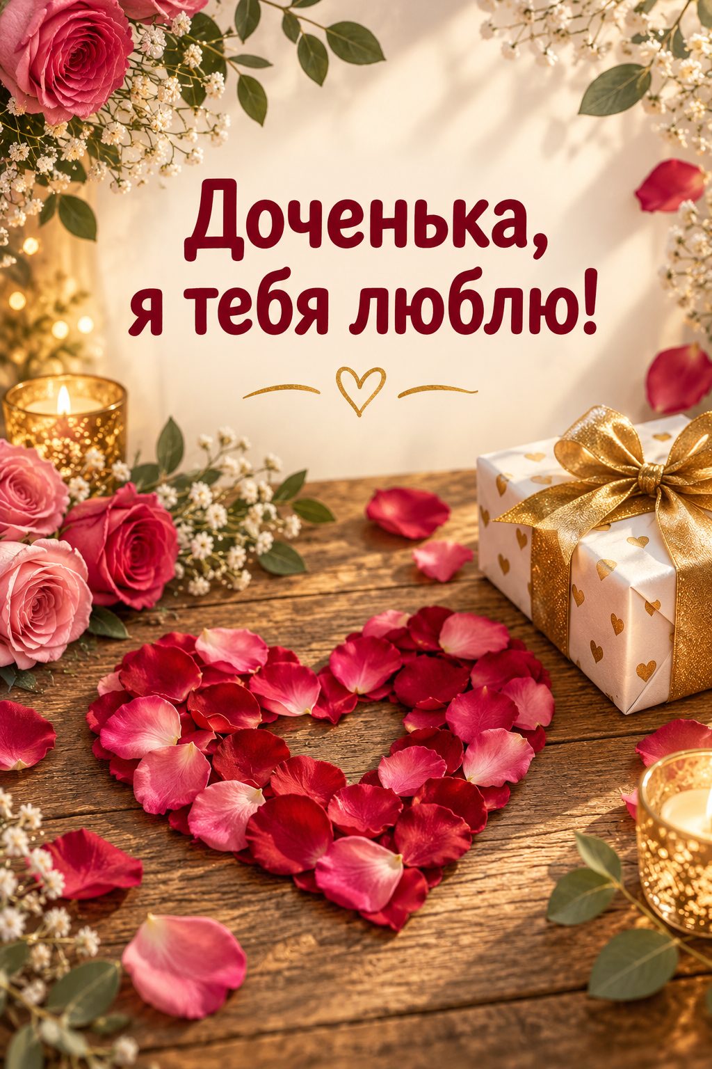 Открытка с днём рождения дочери: сердце из лепестков роз и подарок на деревянном столе, надпись «Доченька, я тебя люблю!»