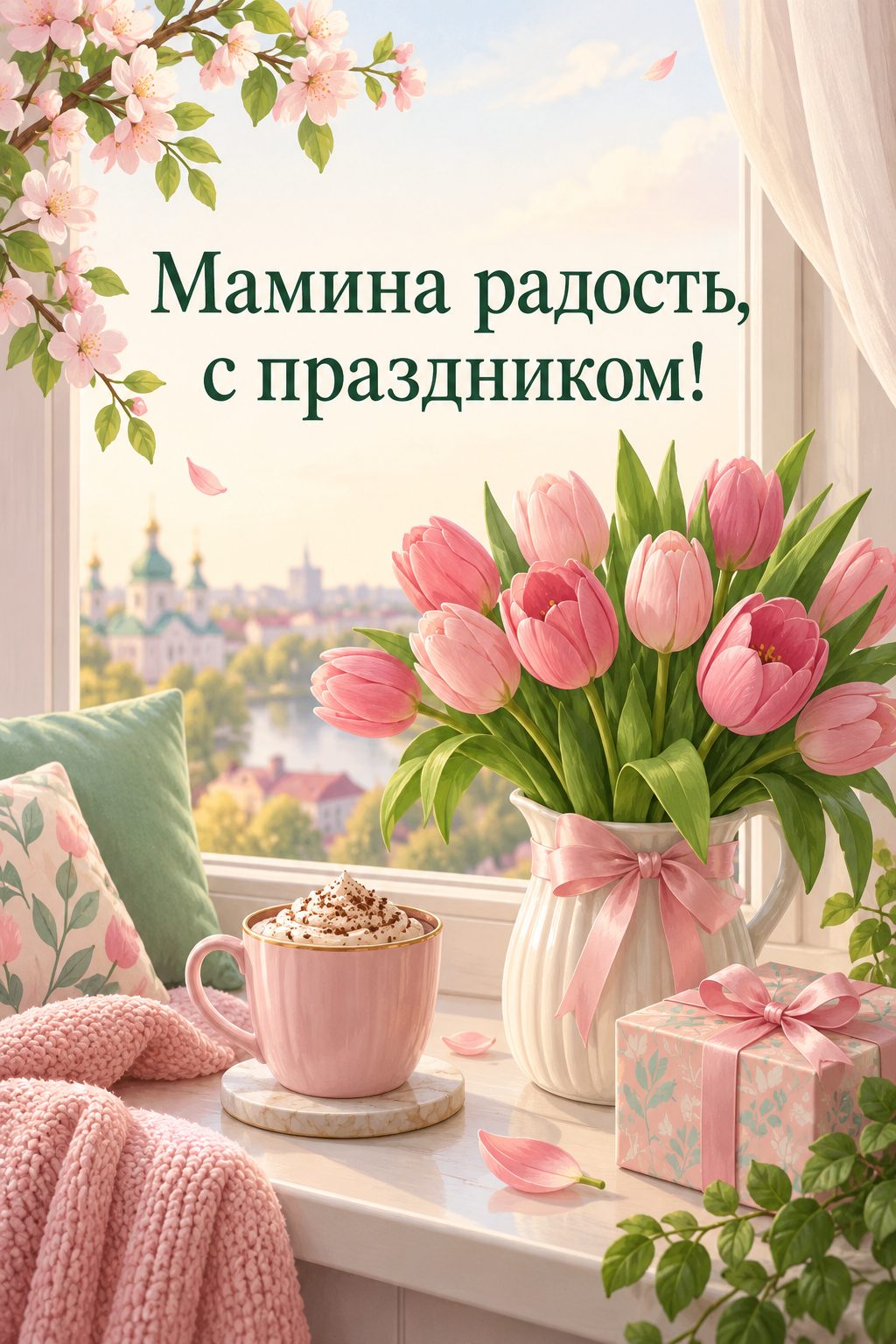 Открытка с днём рождения дочери: подоконник с какао, тюльпанами и маленьким подарком, надпись «Мамина радость, с праздником!»